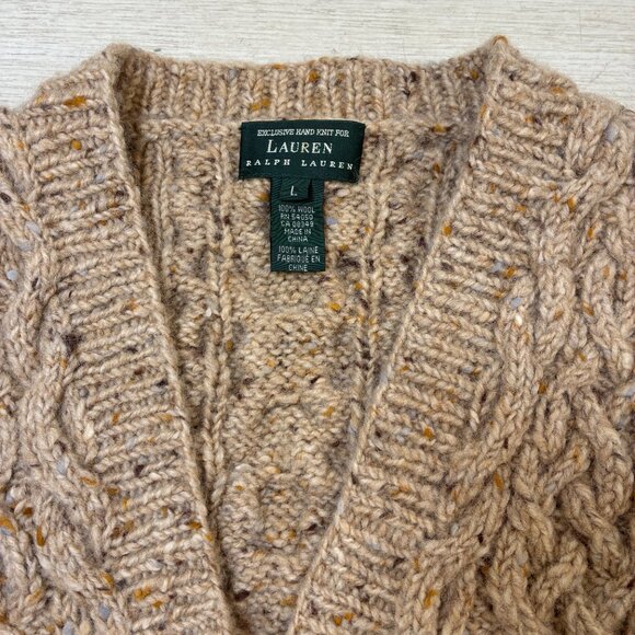 Vintage Lauren Ralph Lauren 100% Wool Chunky Cable-Knit Cardigan Size L - Picture 2 of 6
